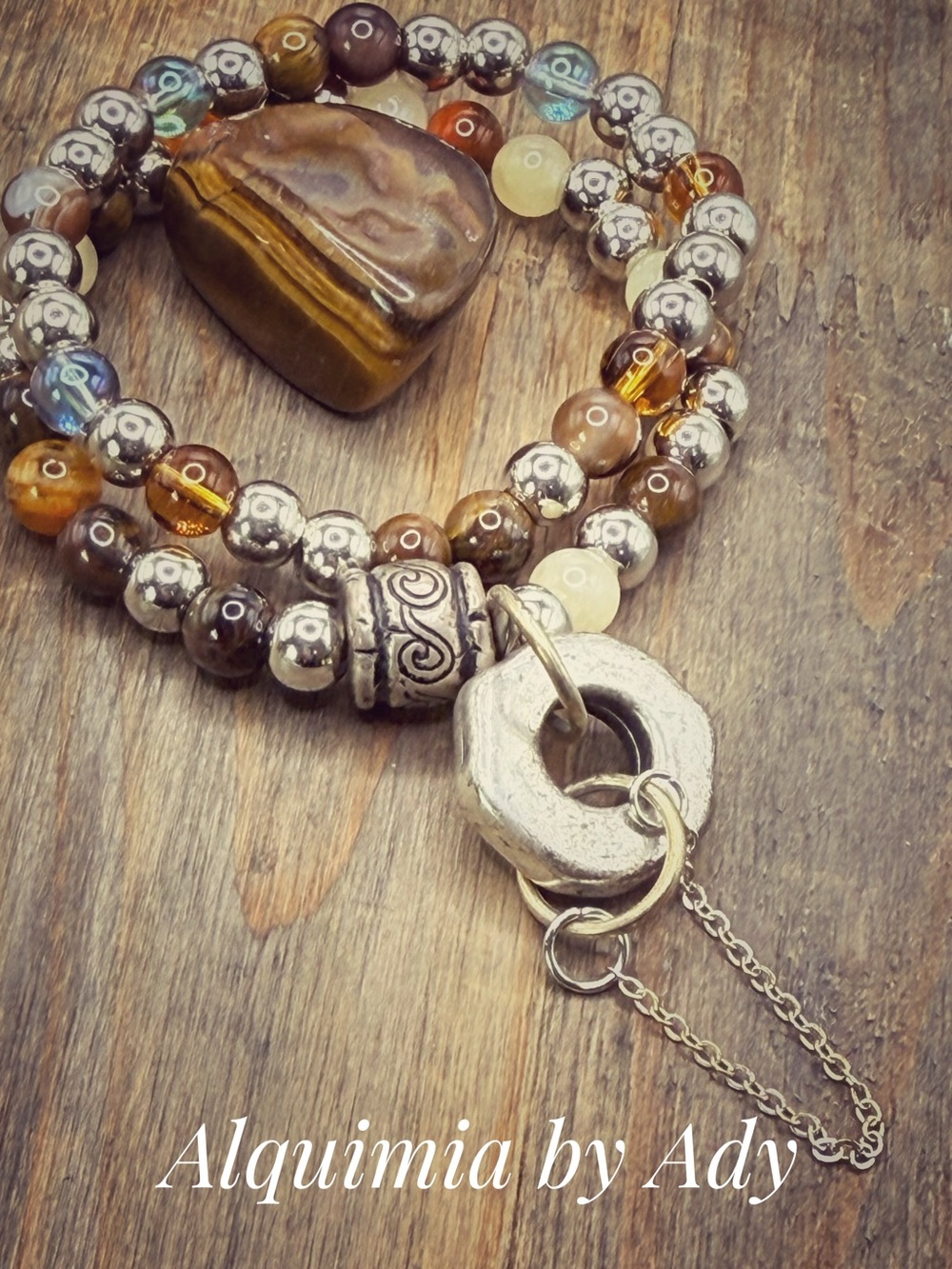 Silver, Brown and Cream Bead Bracelet duo with Decorative Metal Ring